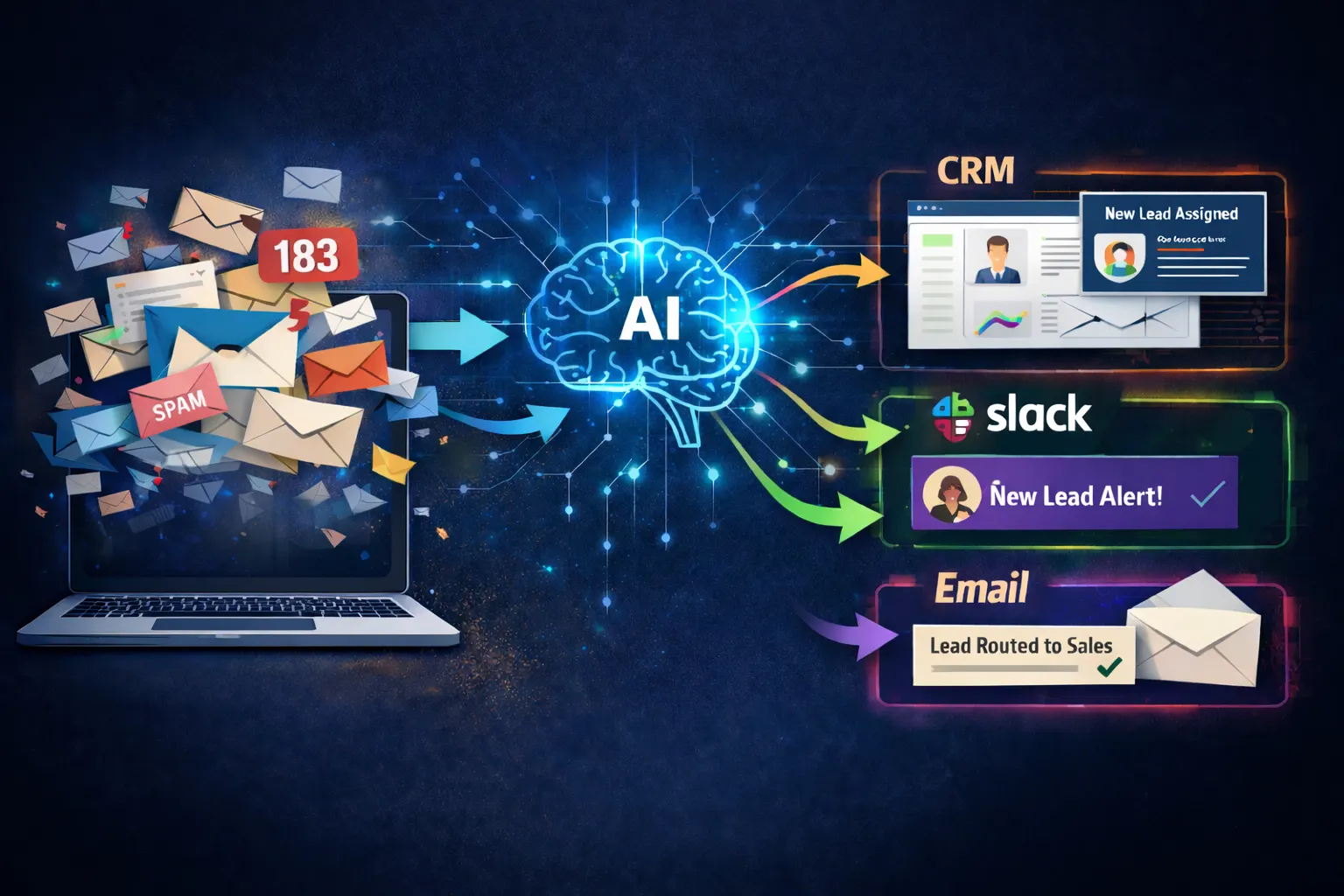 Stop losing leads in email chaos, automate lead routing across CRM, Slack and email.